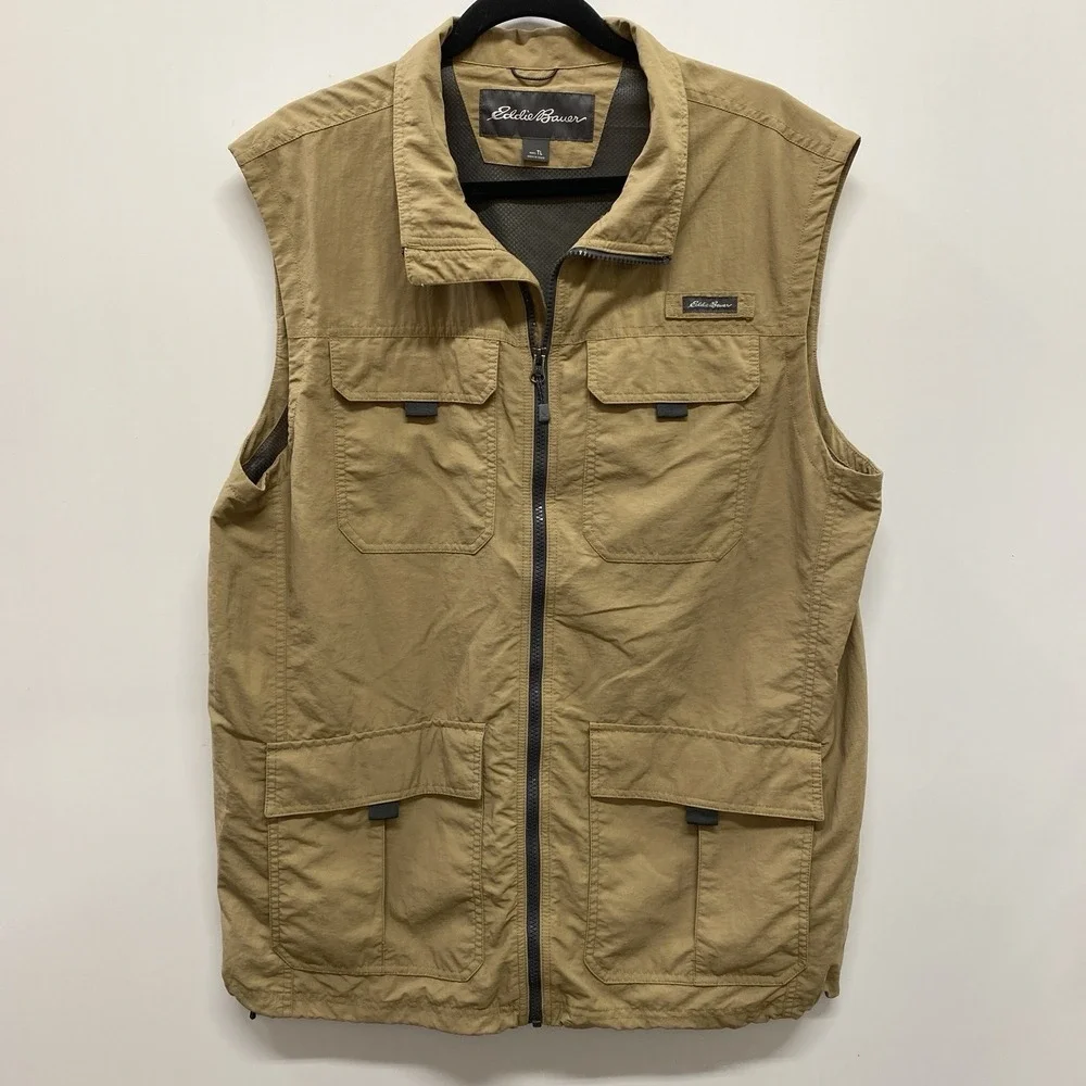 Eddie Bauer 100% Nylon Tan Vest Men's TL Large Tall‎ Multi Pocket Travel Fishing